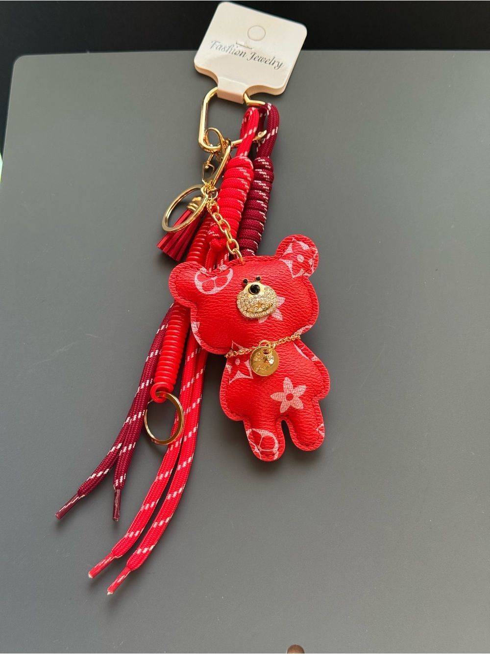 Red Floral Bear Bag Charm Keychain Gold Accent Coordinating Cord NWT